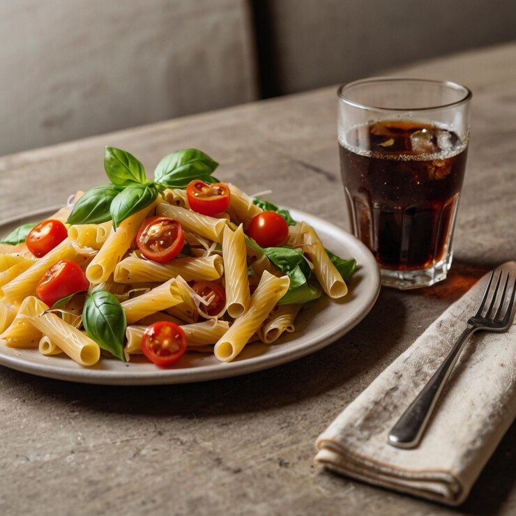 Un primer plano de una deliciosa comida que consistía en pasta con verduras y una copa de vino.