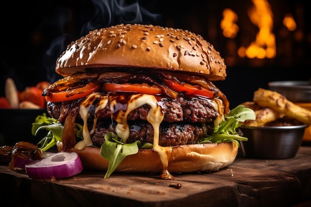 Primer plano de una deliciosa hamburguesa casera de ternera en una mesa de madera Ai generativo