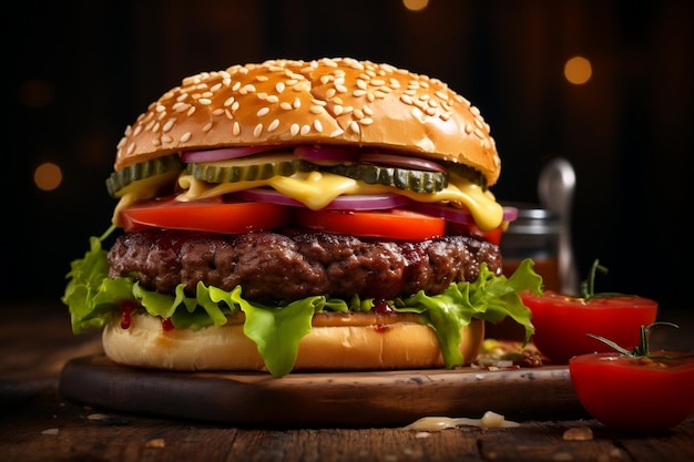 Primer plano de una deliciosa hamburguesa casera de ternera en una mesa de madera Ai generativo