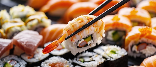 Un primer plano de una deliciosa selección de sushi con palillos para comer recogiendo una pieza