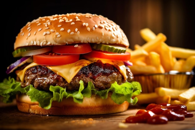 Primer plano de deliciosas hamburguesas a la parrilla AI generativo