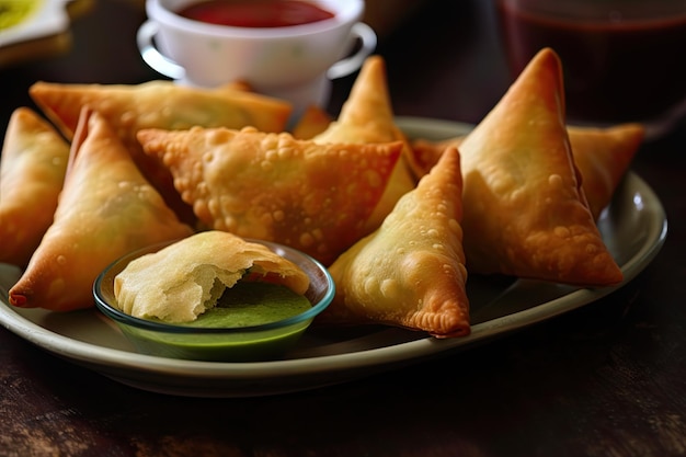 Primer plano de deliciosas samosas en un plato verde con condimentos verdes