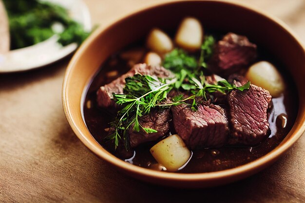 Primer plano de delicioso Boeuf bourguignon 3d ilustrado