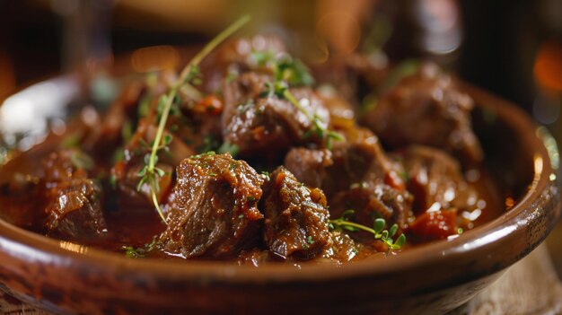 Un primer plano de un delicioso estofado de carne en un plato de estilo rústico