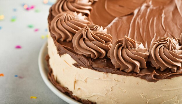 Foto primer plano de un delicioso pastel con crema de mantequilla marrón con glaseado de crema batida postre sabroso comida dulce