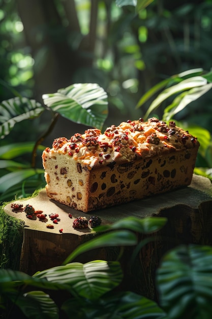 Un primer plano de un delicioso pastel de nueces en un tronco de madera en medio de un bosque verde y exuberante