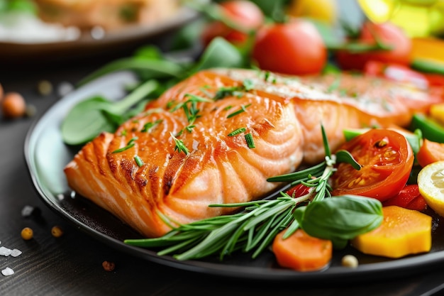 Foto primer plano de un delicioso plato de salmón