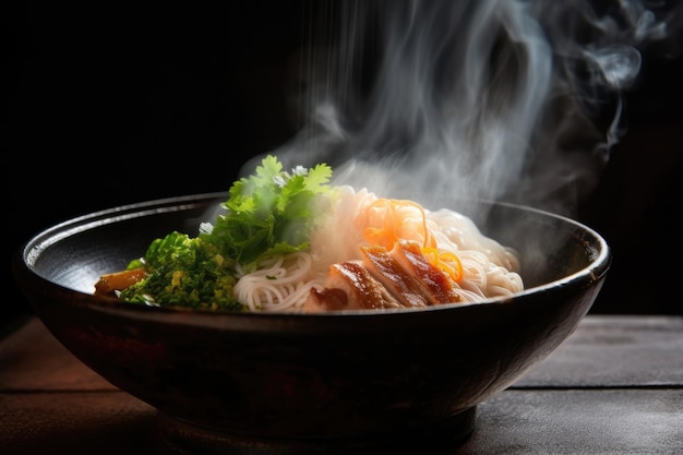 Primer plano de delicioso ramen japonés con vapor saliendo del tazón creado con ai generativo