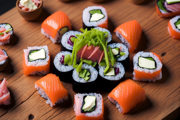 Un primer plano de un delicioso sushi con rebanadas perfectamente cortadas y colores vibrantes que garantizan una experiencia gastronómica oriental irresistible Generado por AI