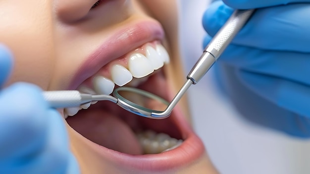 Primer plano de un dentista examinando los dientes de un paciente con un espejo y una sonda El paciente está sentado en una silla dental con la boca abierta