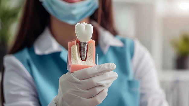 Foto primer plano de un dentista sosteniendo un modelo de implante dental el implante está hecho de titanio y se utiliza para reemplazar un diente faltante