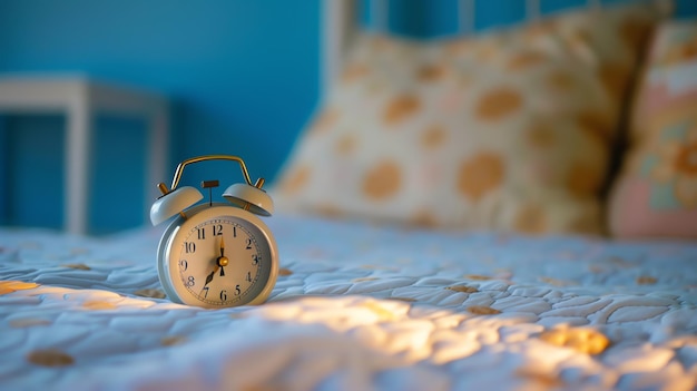 Foto un primer plano de un despertador blanco en una cama con un fondo azul el reloj está programado para las 7 am la cama está hecha con un edredón blanco y dos almohadas