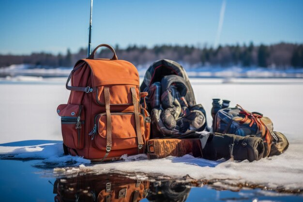 Primer plano detallado de artes de pesca en hielo sobre un fondo de lago congelado