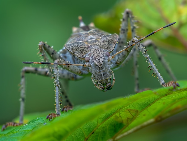 Un primer plano detallado de un insecto apestoso en una hoja verde en la fotografía de macros insectos de hábitat natural