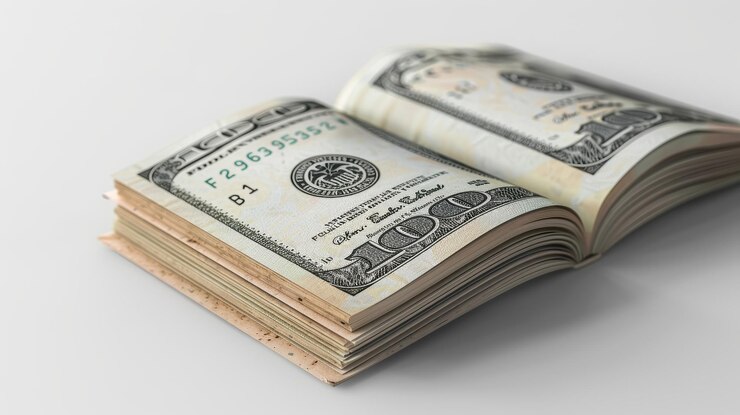 Un primer plano detallado de un libro hecho de billetes de cien dólares que hace hincapié en la riqueza y el conocimiento financiero