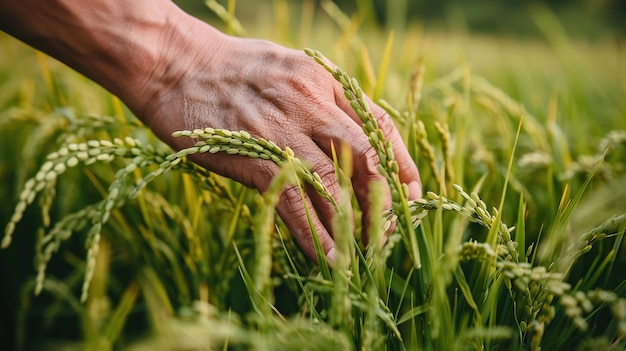 Un primer plano detallado de una mano tocando suavemente las plantas de arroz en un campo