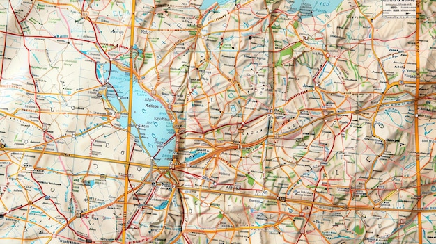 Un primer plano detallado de un mapa de carreteras con marcas y etiquetas de colores que indican varias ubicaciones, rutas y puntos de interés