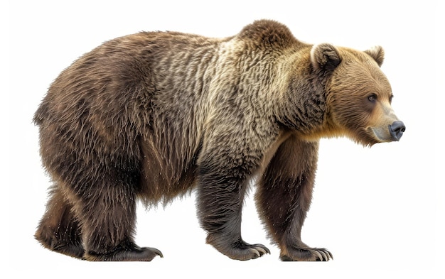 Foto un primer plano detallado de un oso marrón que muestra su pelaje grueso y su fuerte constitución aislado sobre un fondo blanco