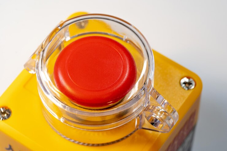 Foto primer plano detallado de la parte superior de un botón de parada de emergencia rojo con una cubierta protectora transparente montada en un panel de control de máquinas de equipos industriales de color amarillo brillante.