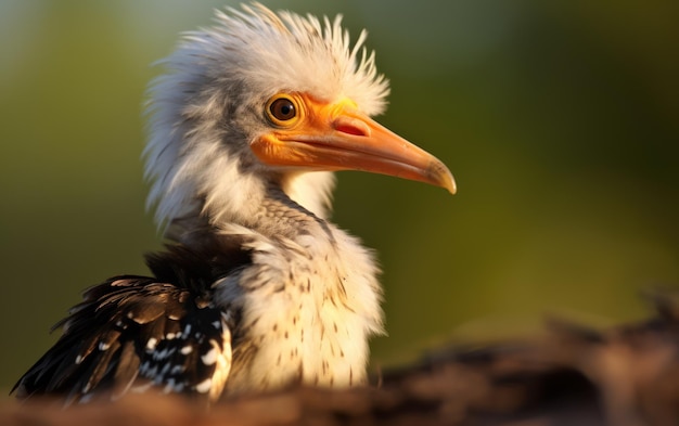 Un primer plano detallado de un pollito de cuerno de pico amarillo