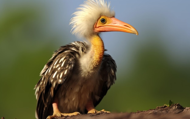 Un primer plano detallado de un pollito de cuerno de pico amarillo