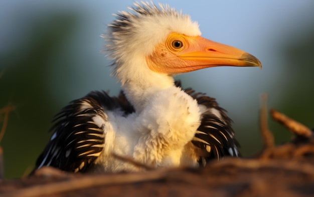 Un primer plano detallado de un pollito de cuerno de pico amarillo