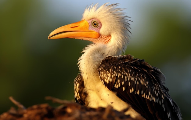 Un primer plano detallado de un pollito de cuerno de pico amarillo