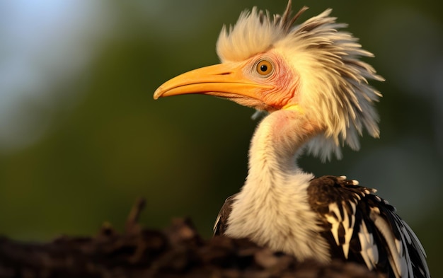 Un primer plano detallado de un pollito de cuerno de pico amarillo