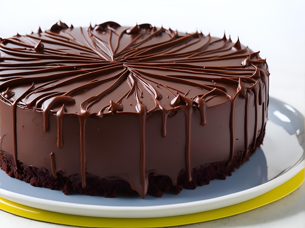 Primer plano detallado de una tarta o pastel de chocolate húmedo y esponjoso con una generosa capa de brigadeiro cremoso generado por IA