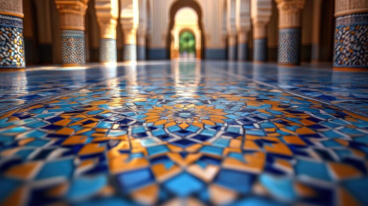 Un primer plano detallado de un vibrante y intrincado mosaico en el suelo de azulejos dentro de una hermosa arquitectura de estilo marroquí La luz del sol se refleja en la superficie pulida