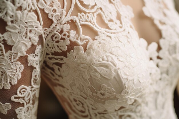 Foto primer plano de detalles intrincados de encaje en un vestido de novia vintage