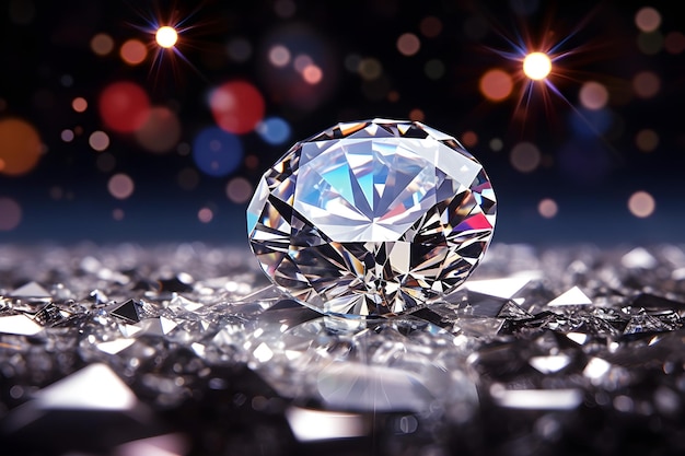 Foto un primer plano de diamante en la superficie de cristal oscuro con efecto bokeh