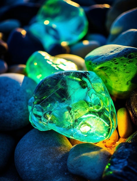 Foto un primer plano de un diamante de vidrio verde en una roca generativa ai