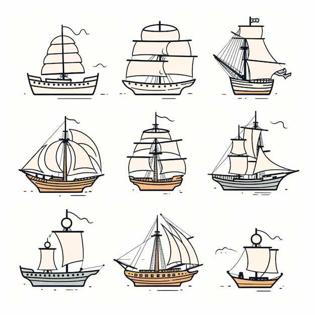 un primer plano de un dibujo de un barco con diferentes velas generativo ai