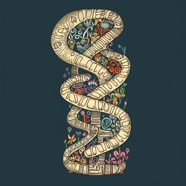 Foto un primer plano de un dibujo de una espiral con flores y mariposas generativas ai