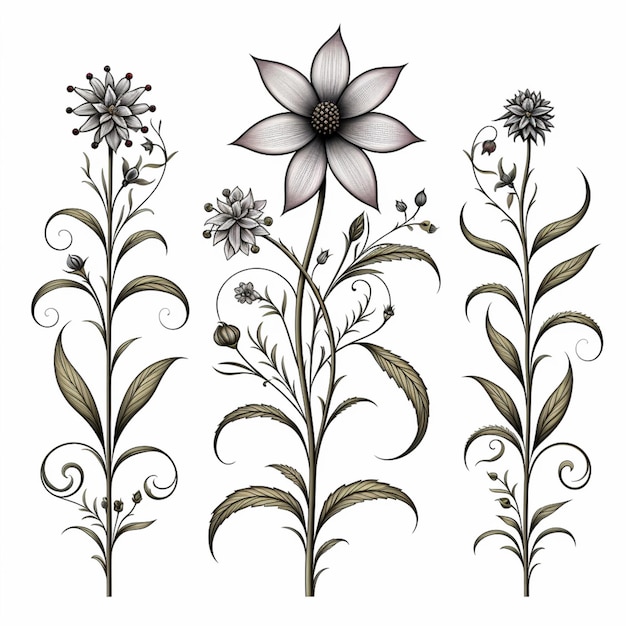un primer plano de un dibujo de flores con hojas y flores ai generativo