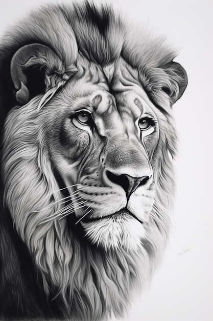 un primer plano de un dibujo de un león con un fondo blanco ai generativo
