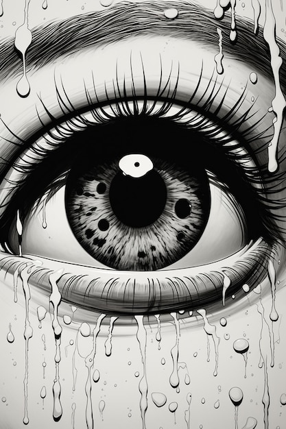 Foto un primer plano de un dibujo de un ojo llorando con lágrimas generativo ai