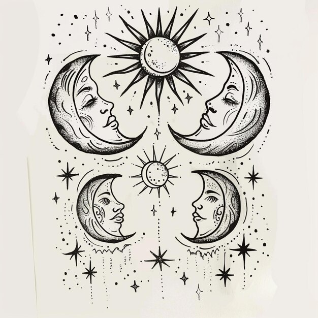 un primer plano de un dibujo de tres caras de la luna con estrellas generativas ai