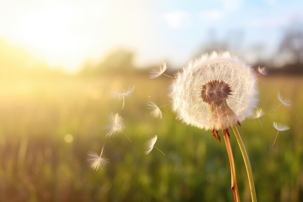 Un primer plano de un diente de león en el viento