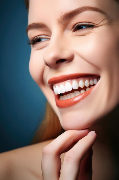 Primer plano de los dientes y la mujer en el estudio con un fondo azul de tratamiento dental creado con ai generativo