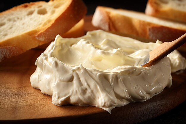 Primer plano de la difusión de hummus cremoso en el pan para un sándwich de queso