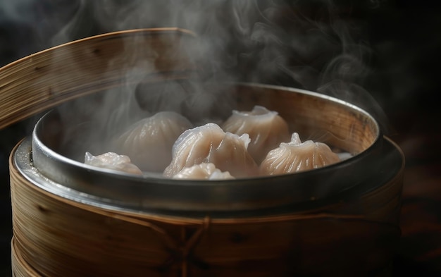 Primer plano de dim sum caliente al vapor en un vapor de bambú que muestra la cocina tradicional china