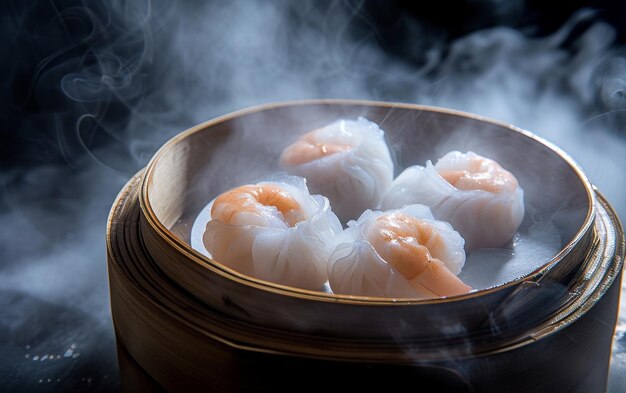 Primer plano de dim sum caliente al vapor en un vapor de bambú que muestra la cocina tradicional china