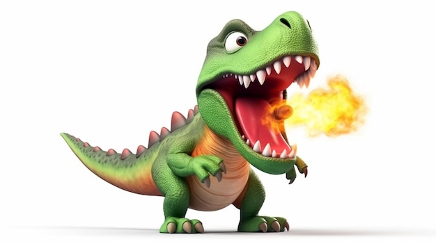 Foto un primer plano de un dinosaurio de dibujos animados con un fuego en su boca generativo ai