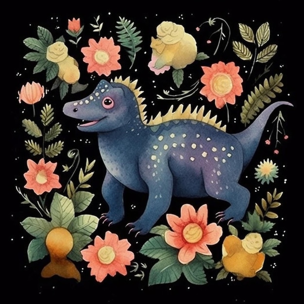 Un primer plano de un dinosaurio con flores y hojas sobre un fondo negro ai generativo