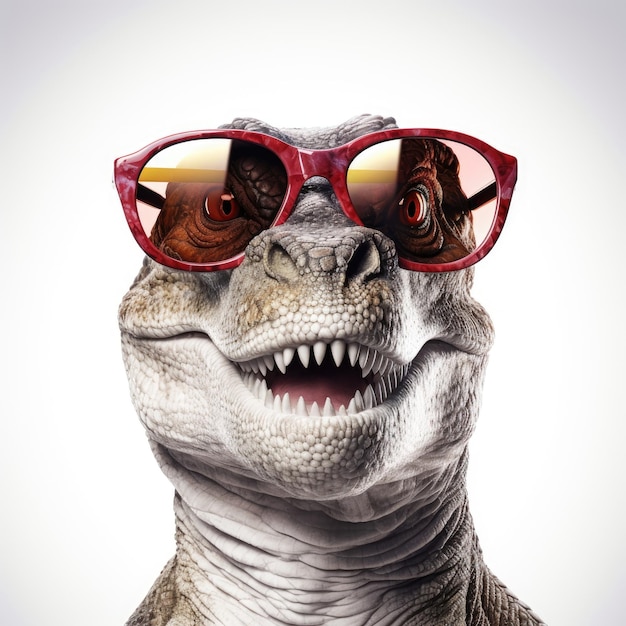 Primer plano de dinosaurio con gafas de sol sobre fondo blanco