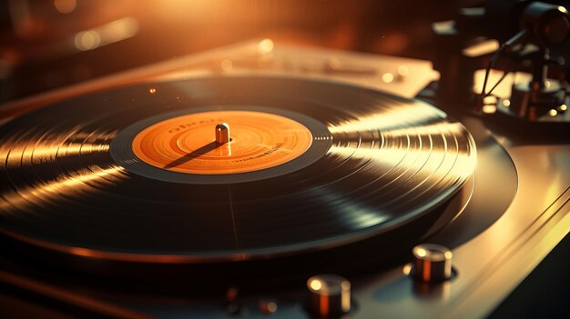 Foto un primer plano de un disco de vinilo clásico con ranuras vibrantes y superficies reflectantes en una luz brillante