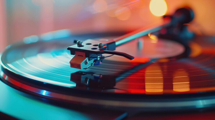 Un primer plano de un disco de vinilo girando en un tocadiscos
