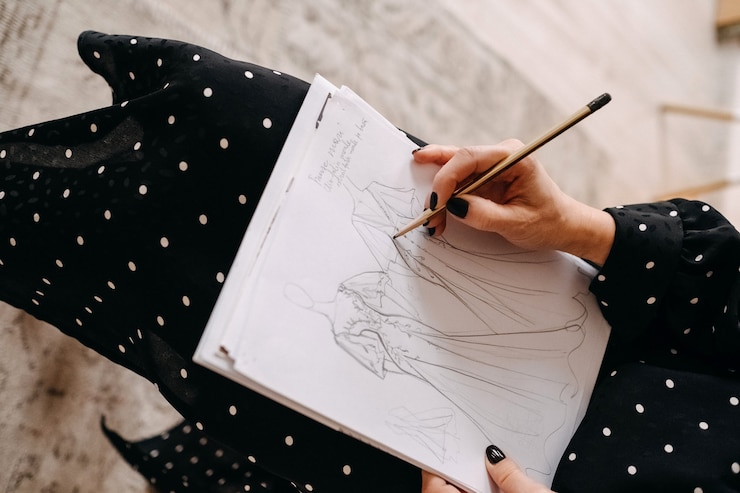 Foto primer plano de un diseñador de bodas de moda esbozar nuevos vestidos de novia con un lápiz